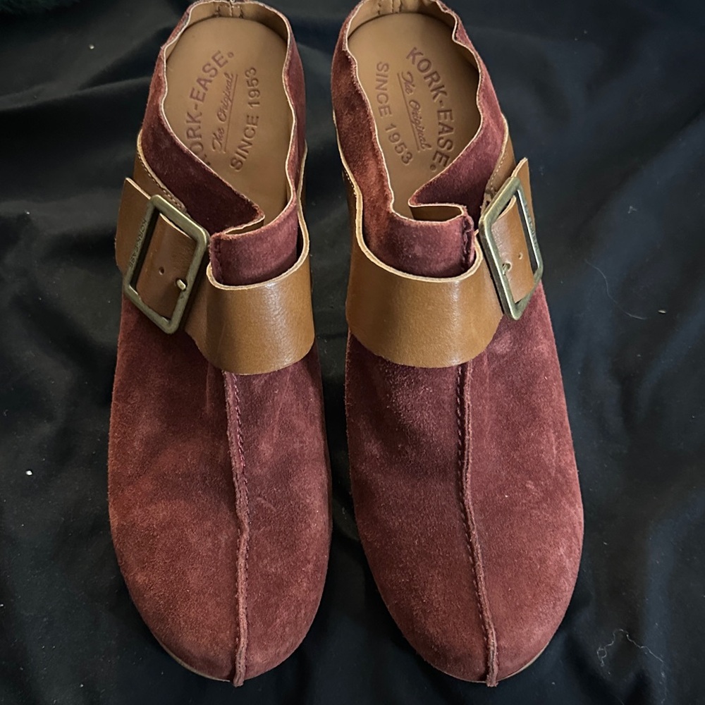 Kork-Ease Burgundy Suede Boots with Tan Buckle